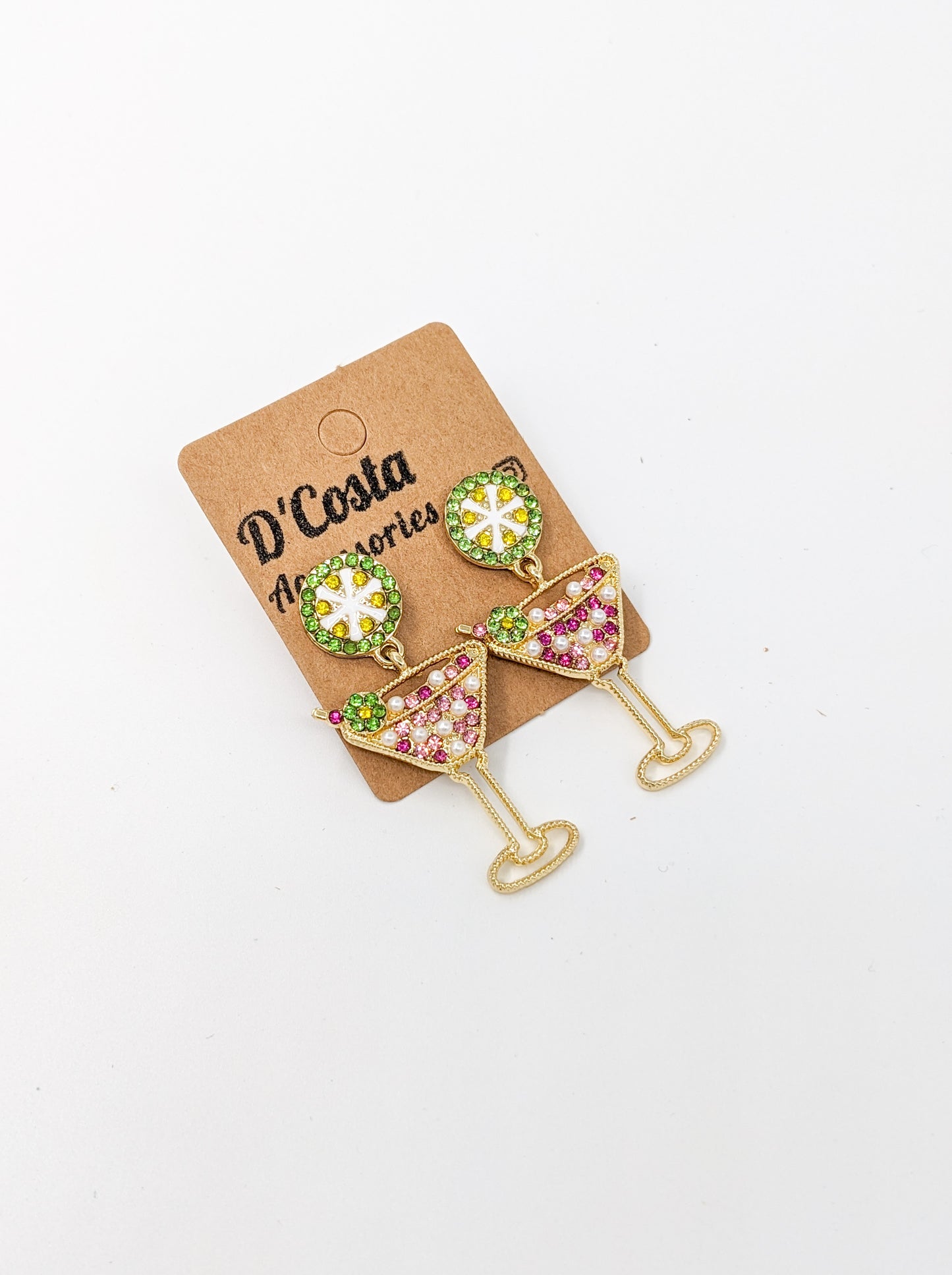 Cosmo Cocktail Earrings with Pink and Green Diamante Details