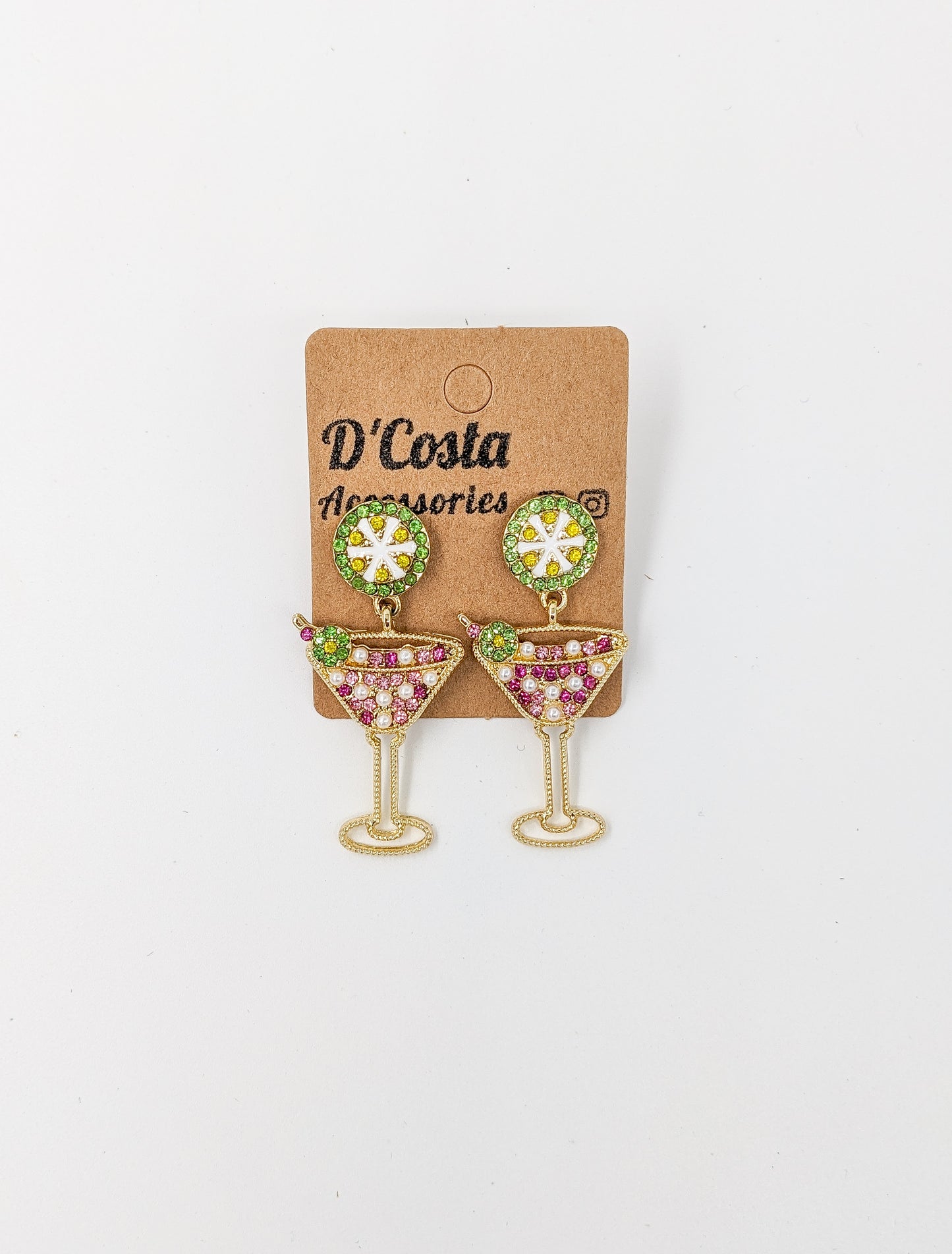 Cosmo Cocktail Earrings with Pink and Green Diamante Details