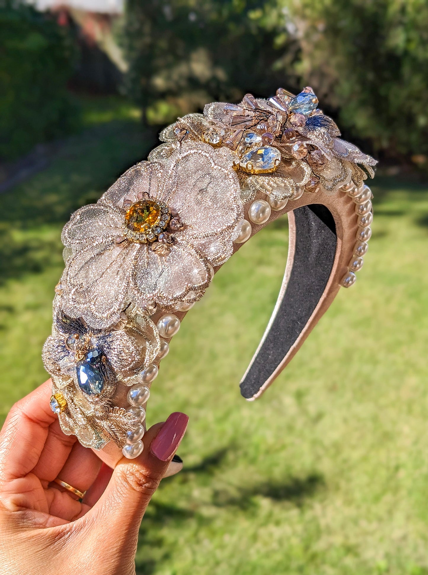 Pink Flower Beaded Headband with Satin, Rhinestones, and Pearl Embellishments