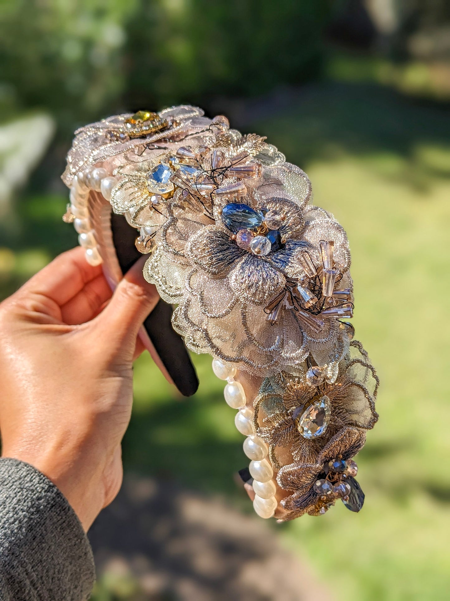 Pink Flower Beaded Headband with Satin, Rhinestones, and Pearl Embellishments