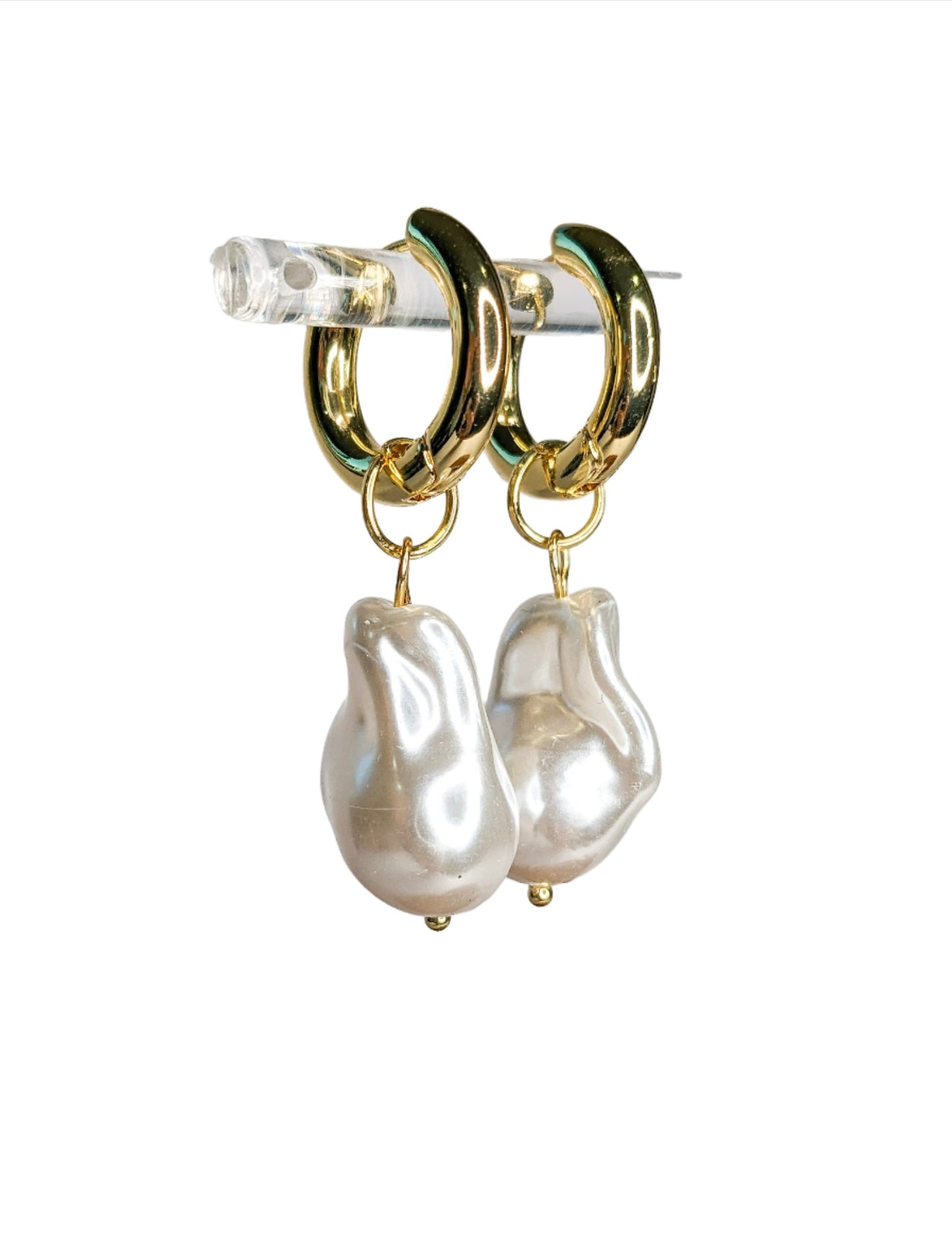 Large Irregular Pearl Huggie Hoops – Elegant Pearl Earrings with Gold Huggie