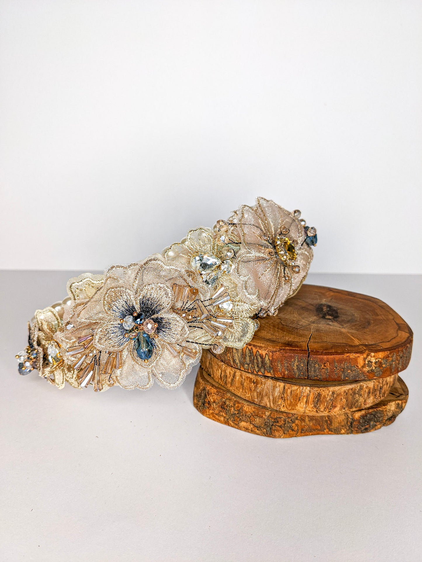 Pink Flower Beaded Headband with Satin, Rhinestones, and Pearl Embellishments