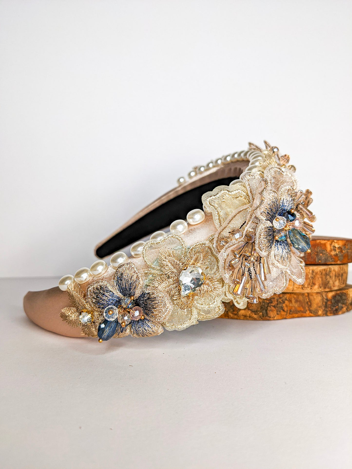 Pink Flower Beaded Headband with Satin, Rhinestones, and Pearl Embellishments