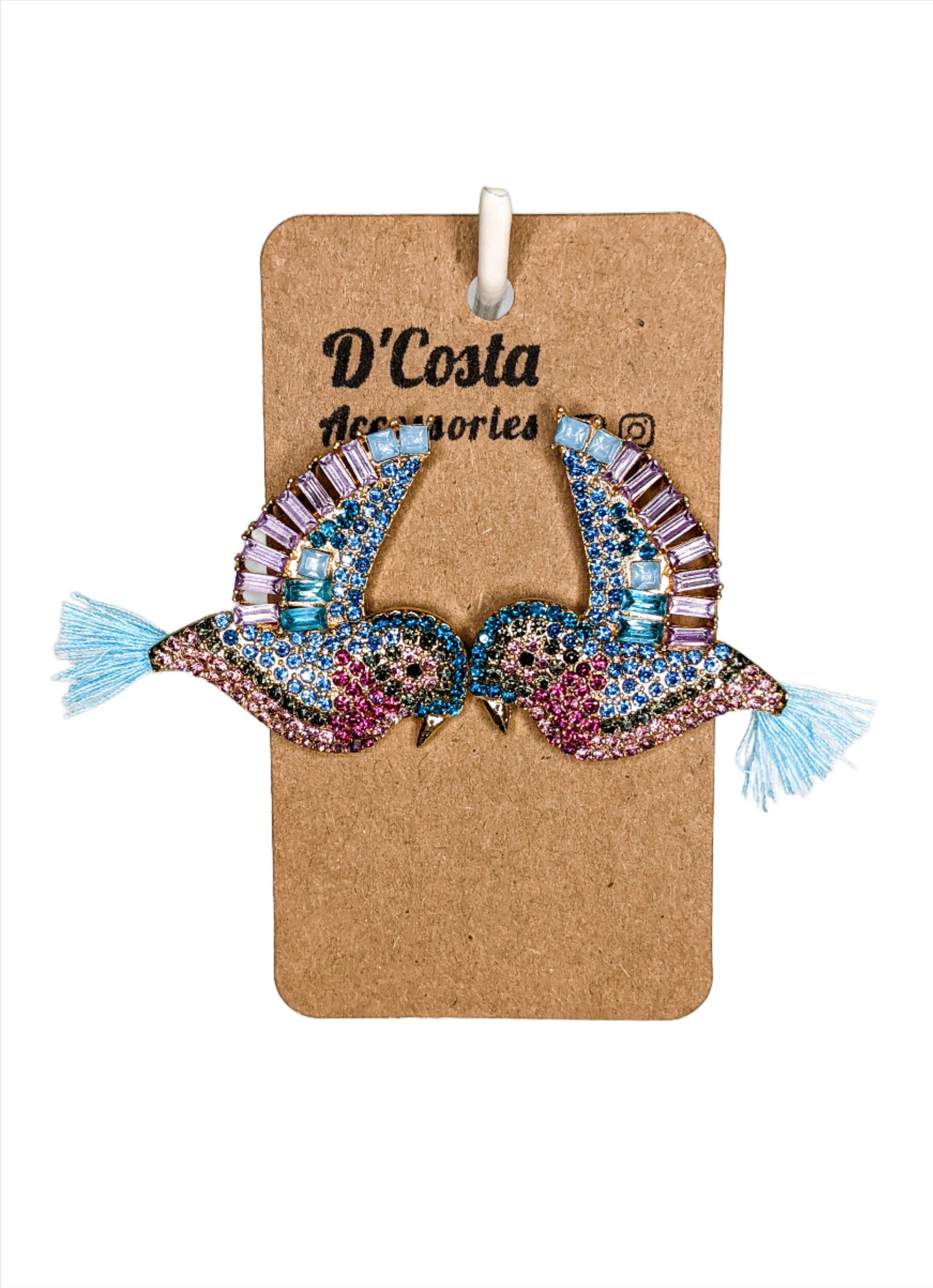 Large, statement rhinestone bird earrings encrusted with colourful diamantes.
