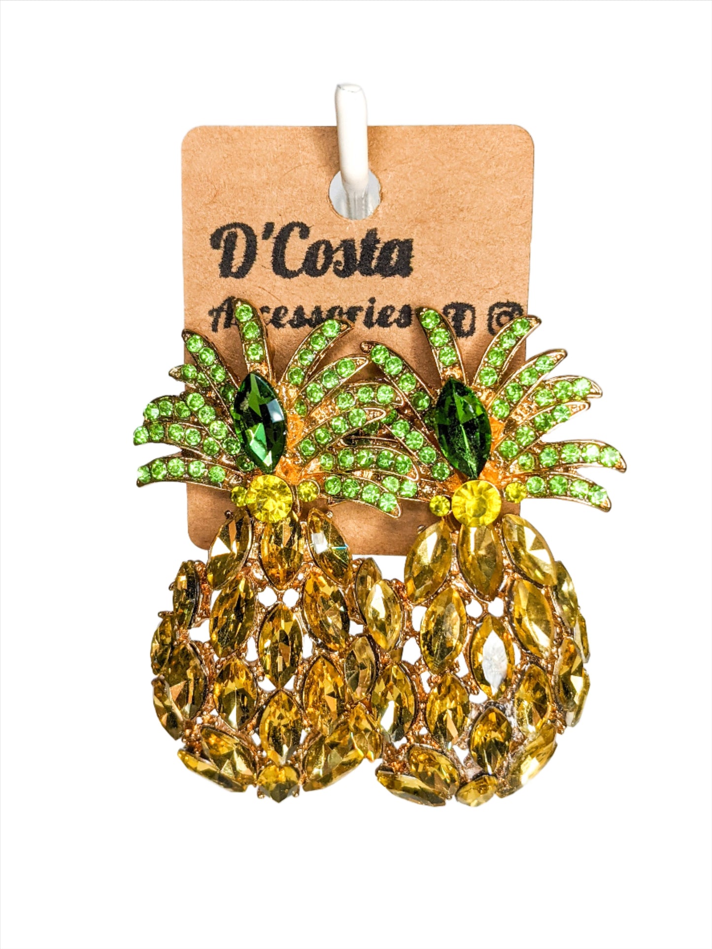 Large yellow and green diamante rhinestone statement pineapple earrings. Perfect for summer parties