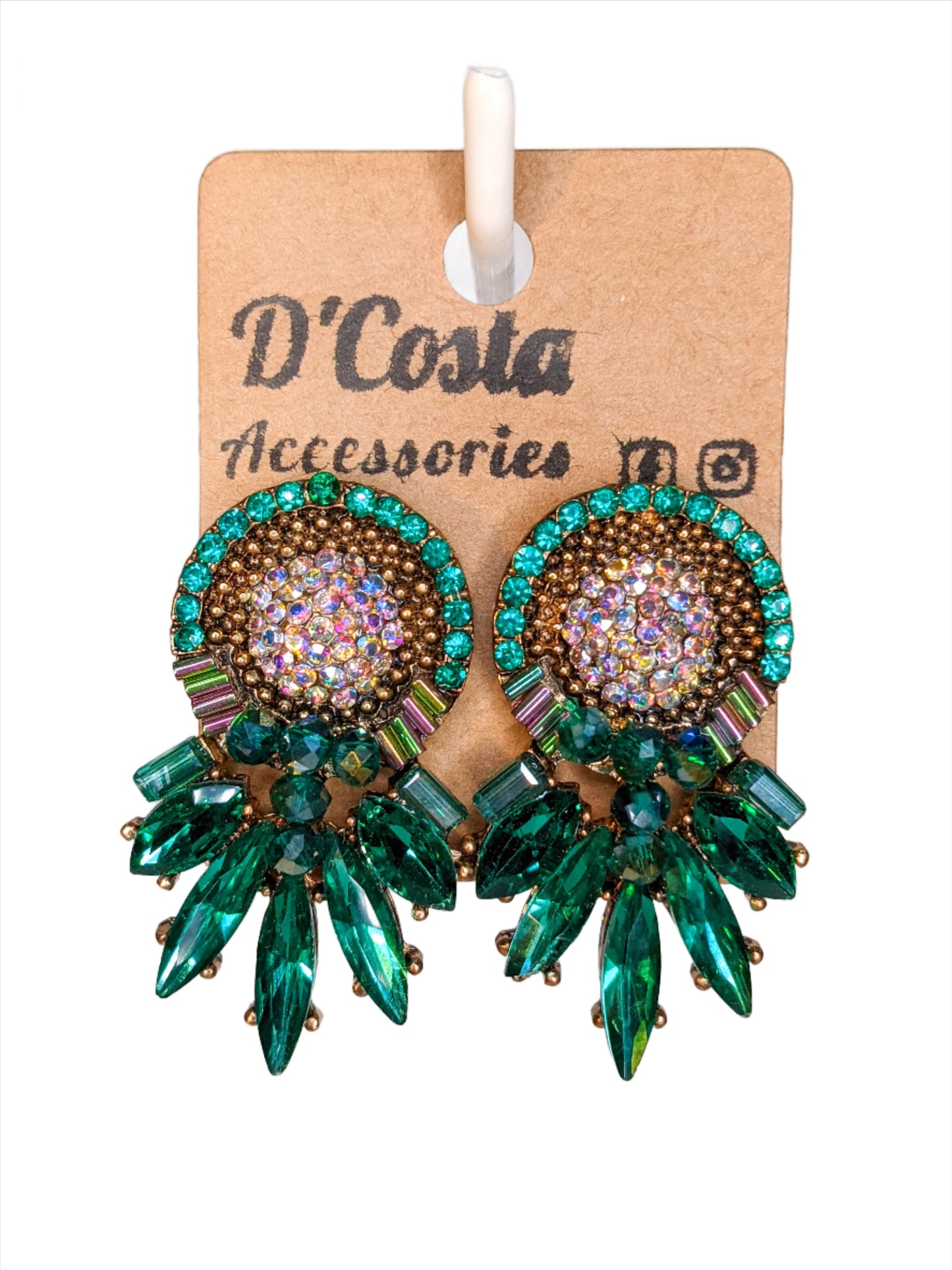 Green circular geometric diamante navette rhinestone earrings with pearlescent diamantes
