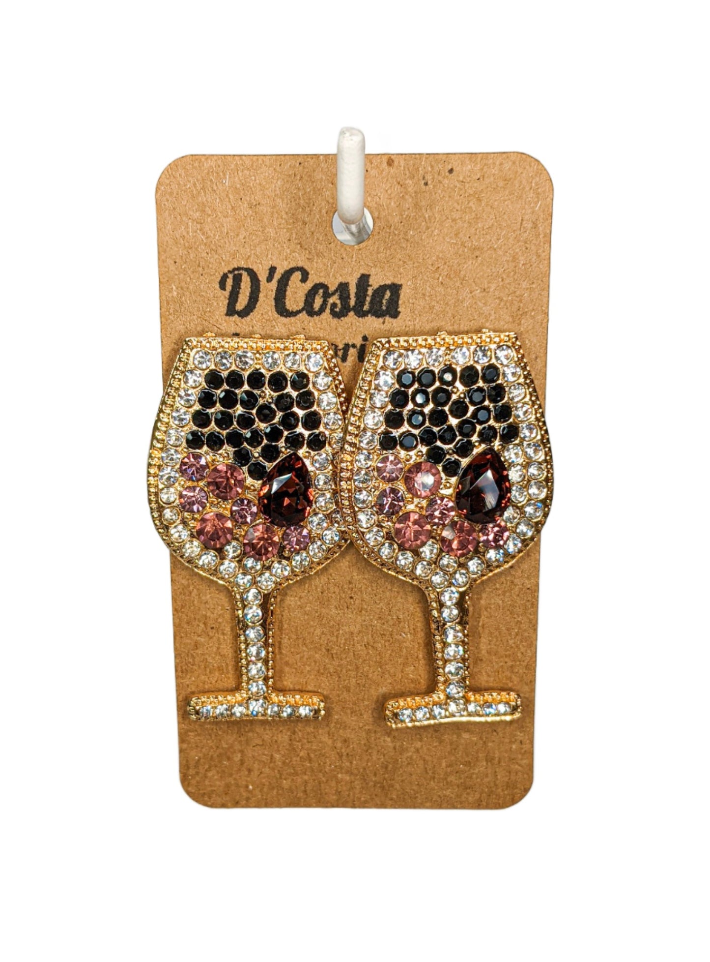 Large red wine glass earrings with gold tones and encrusted with diamantes.