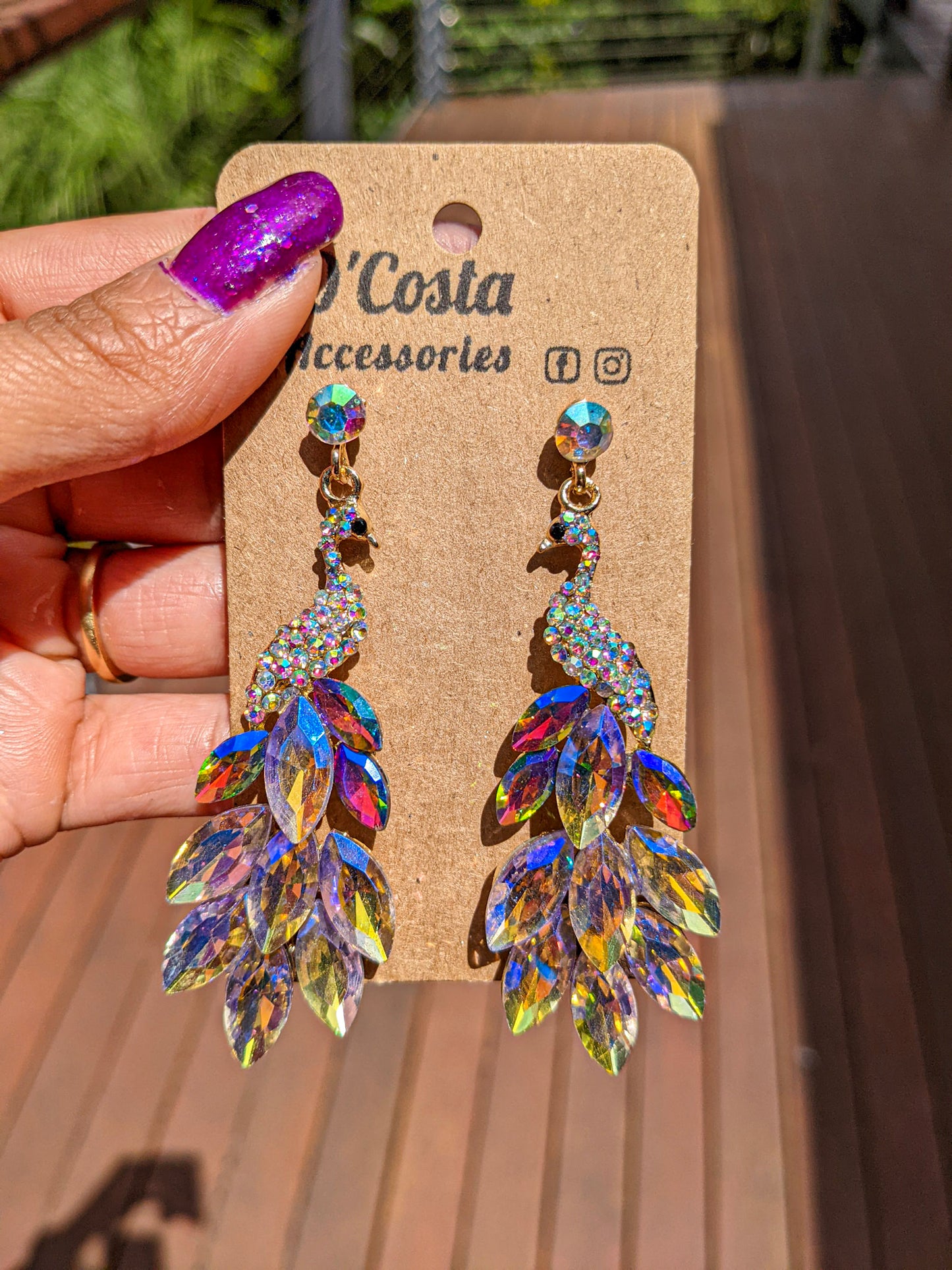 Mutli-coloured diamante rhinestone peacock bird statement earrings