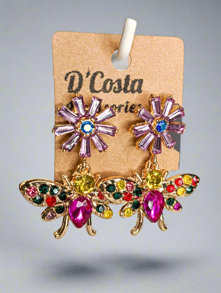 Statement bee and flower dangle earrings encrusted with colourful diamantes