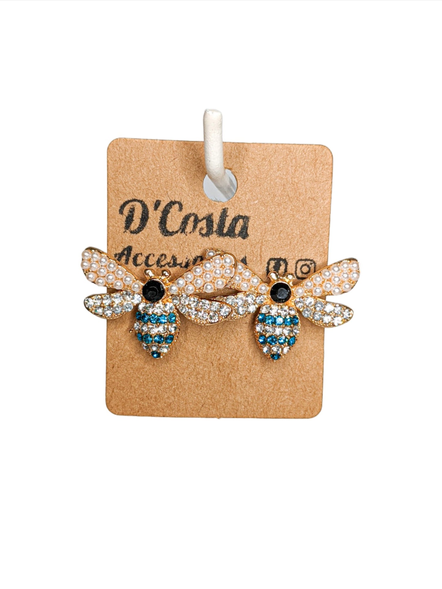 Blue diamante rhinestone pearl bee insect stud earrings