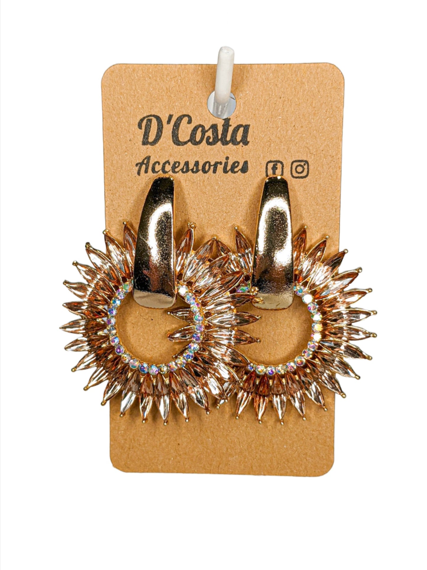 Circular Champagne Navette Earrings with Gold and Iridescent Diamante Stones