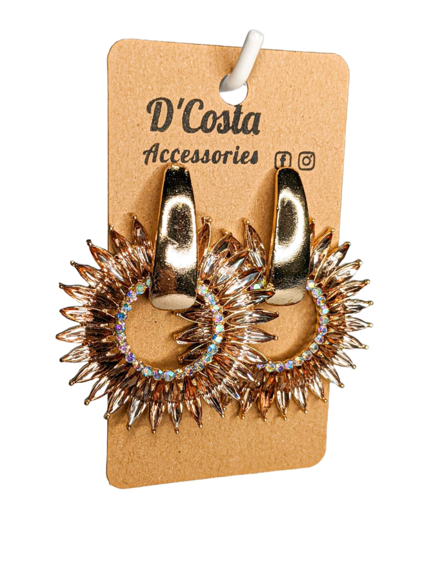Circular Champagne Navette Earrings with Gold and Iridescent Diamante Stones