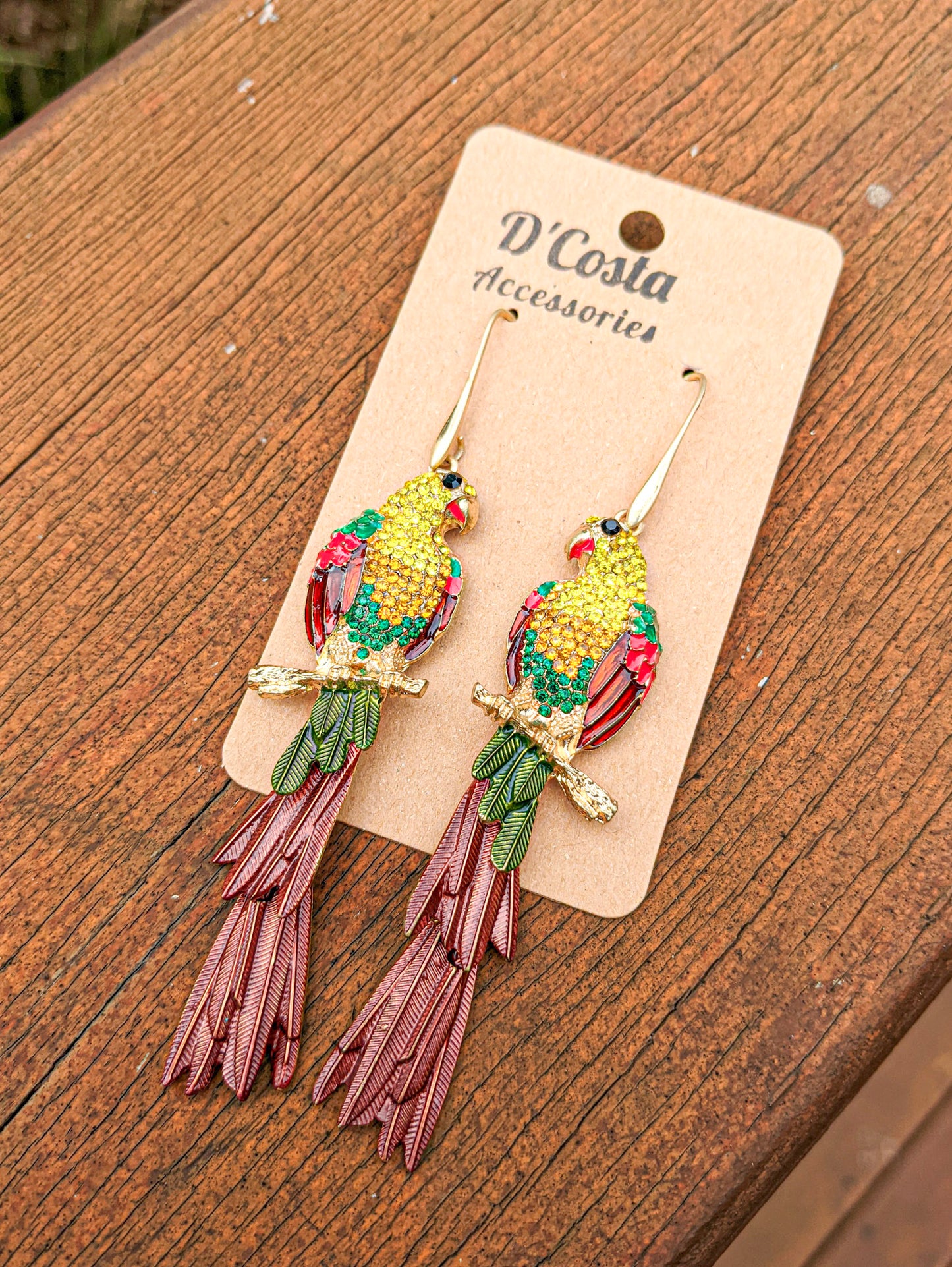 Coloured metal and diamante rhinestone bird parrot drop statement earrings