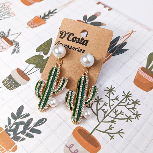 Rhinestone and Pearl Cactus Drop Earrings