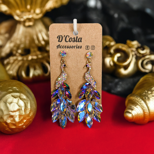 Blue and gold sparkling peacock earrings