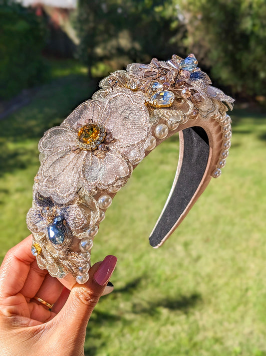 Pink Flower Beaded Headband with Satin, Rhinestones, and Pearl Embellishments