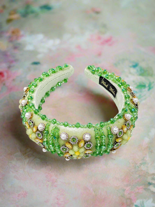 Green Glam Velour Rhinestone Headband