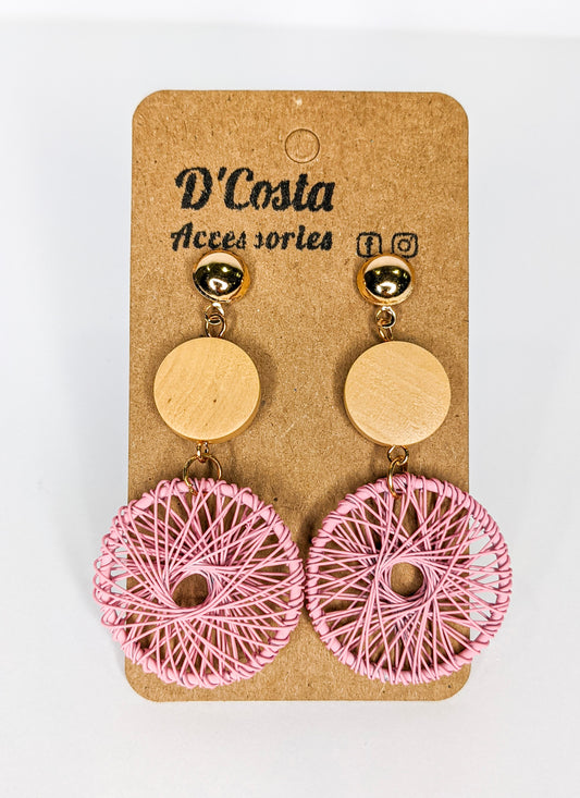 Pink Woven Wooden Circle Drop Earrings