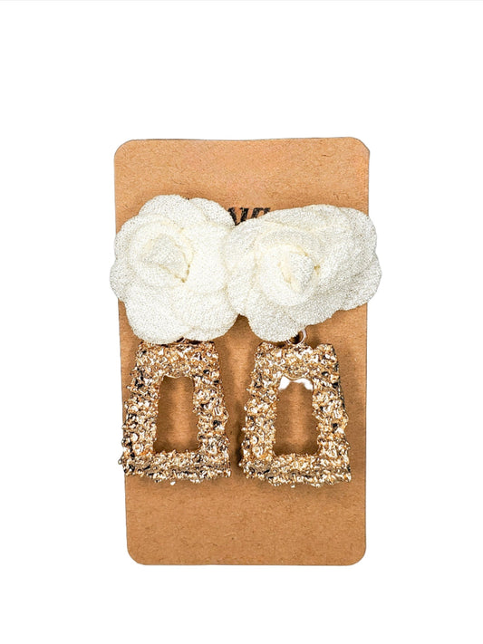 Golden Geometric White Flower Earrings