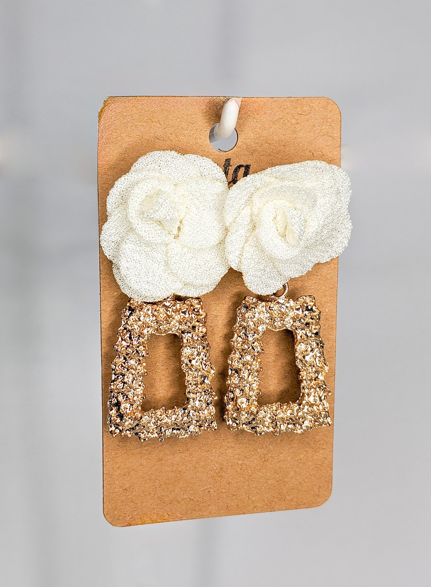 Golden Geometric White Flower Earrings