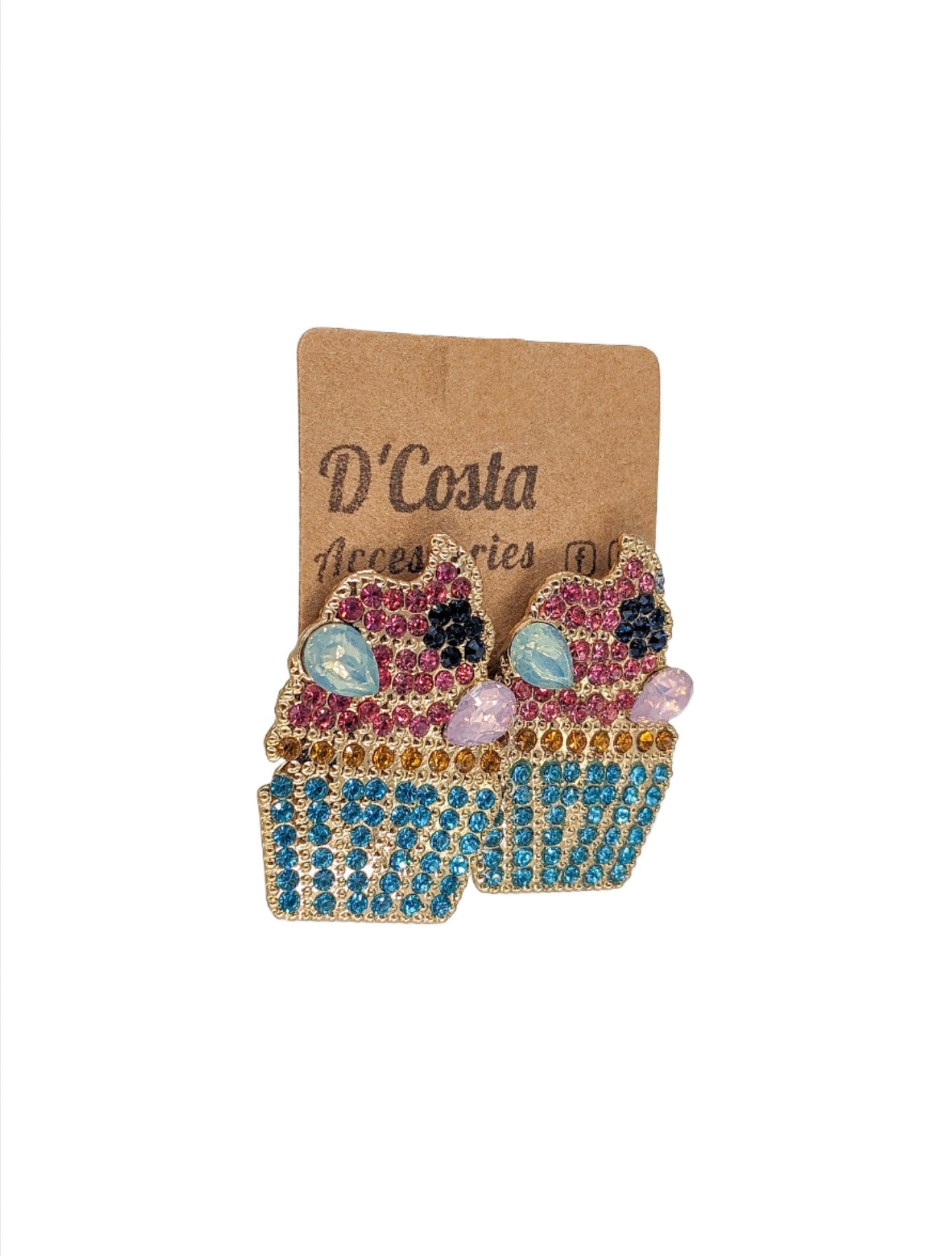 Blue and Pink Bling Cupcake Earrings