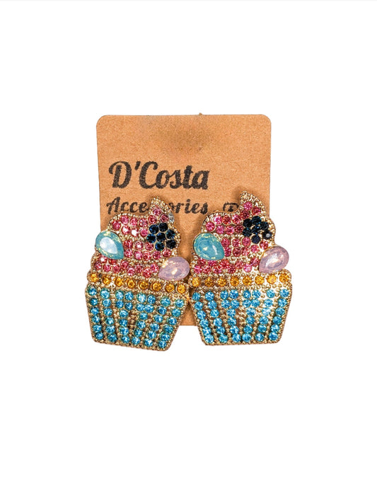 Blue and Pink Bling Cupcake Earrings