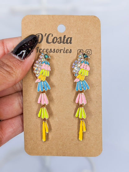 Colourful Exotic Bird Statement Earrings with Diamante Embellishments