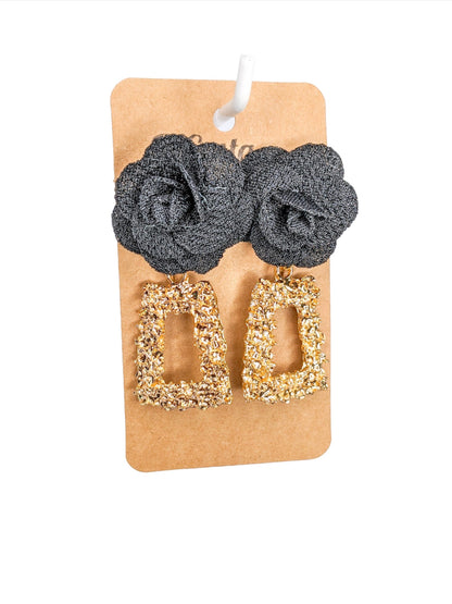 Golden Geometric Black Flower Earrings