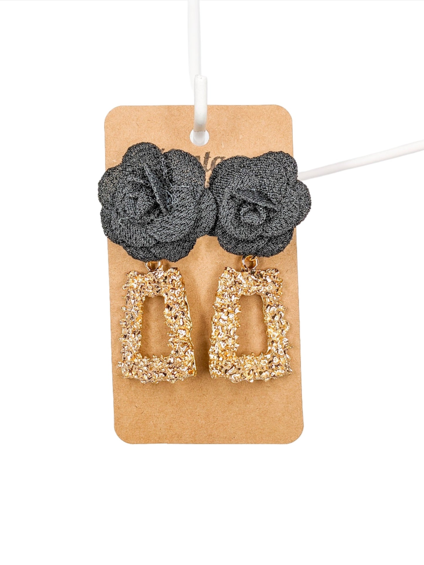 Golden Geometric Black Flower Earrings