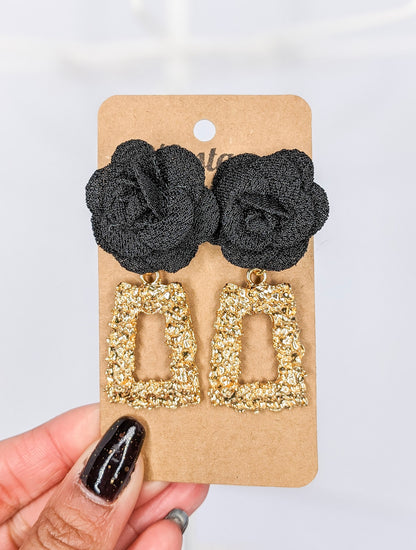 Golden Geometric Black Flower Earrings