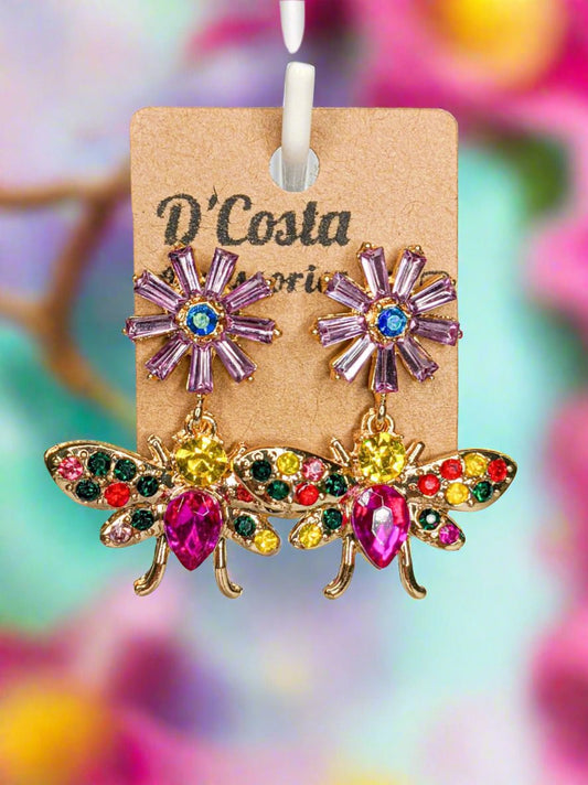 Statement bee and flower dangle earrings encrusted with colourful diamantes