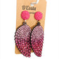 Leaf shaped statement drop earrings encrusted in pink diamante rhinestones.