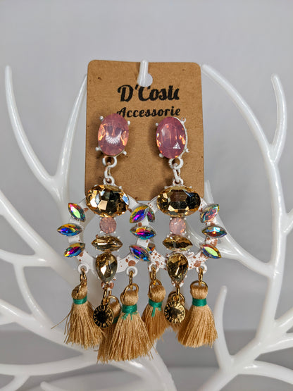 Beige and pink diamante rhinestone tassel statement drop earrings with gold tones