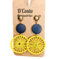 Large blue and yellow woven circle drop earrings.