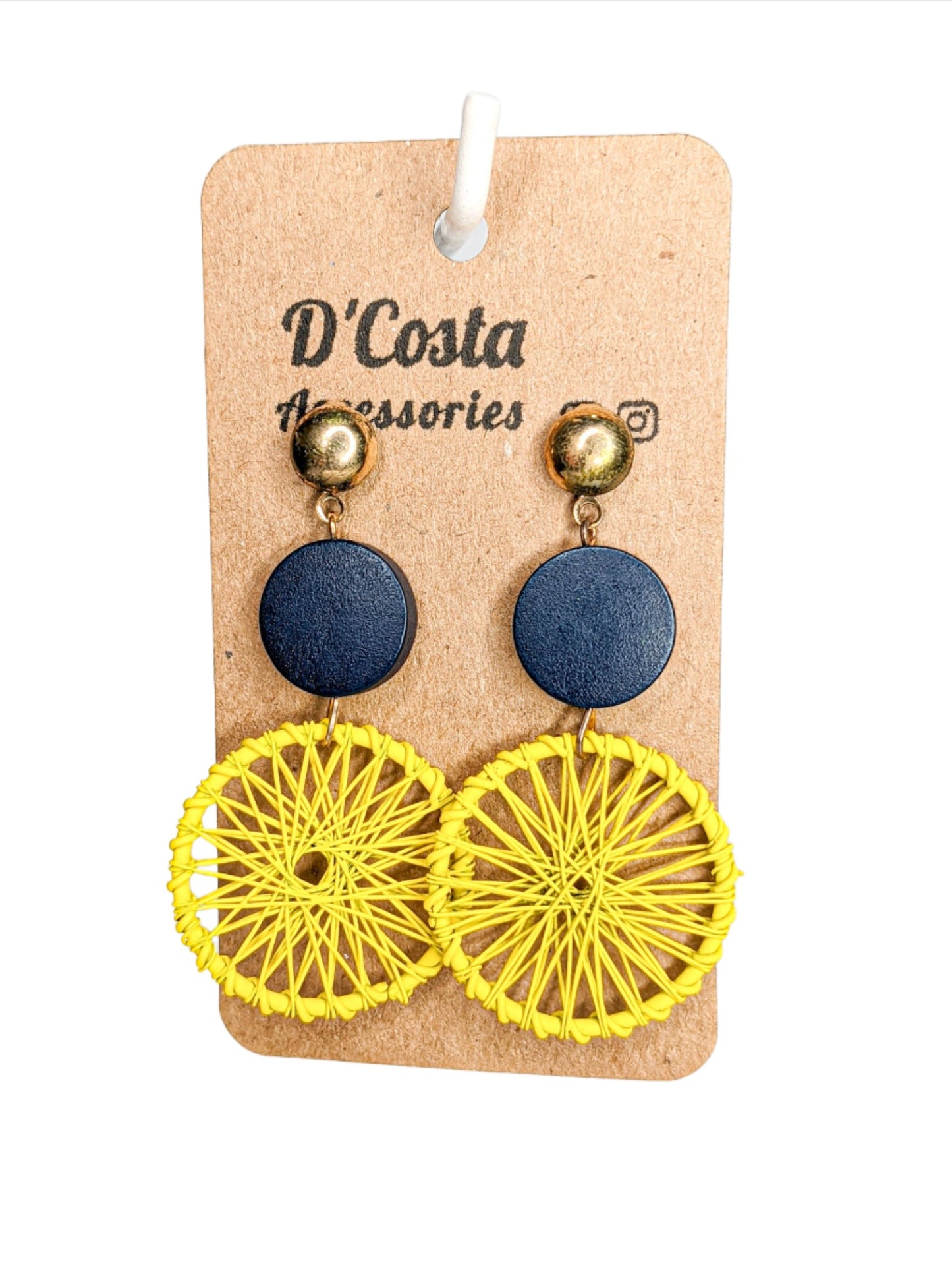 Large blue and yellow woven circle drop earrings.