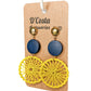 Large blue and yellow woven circle drop earrings.