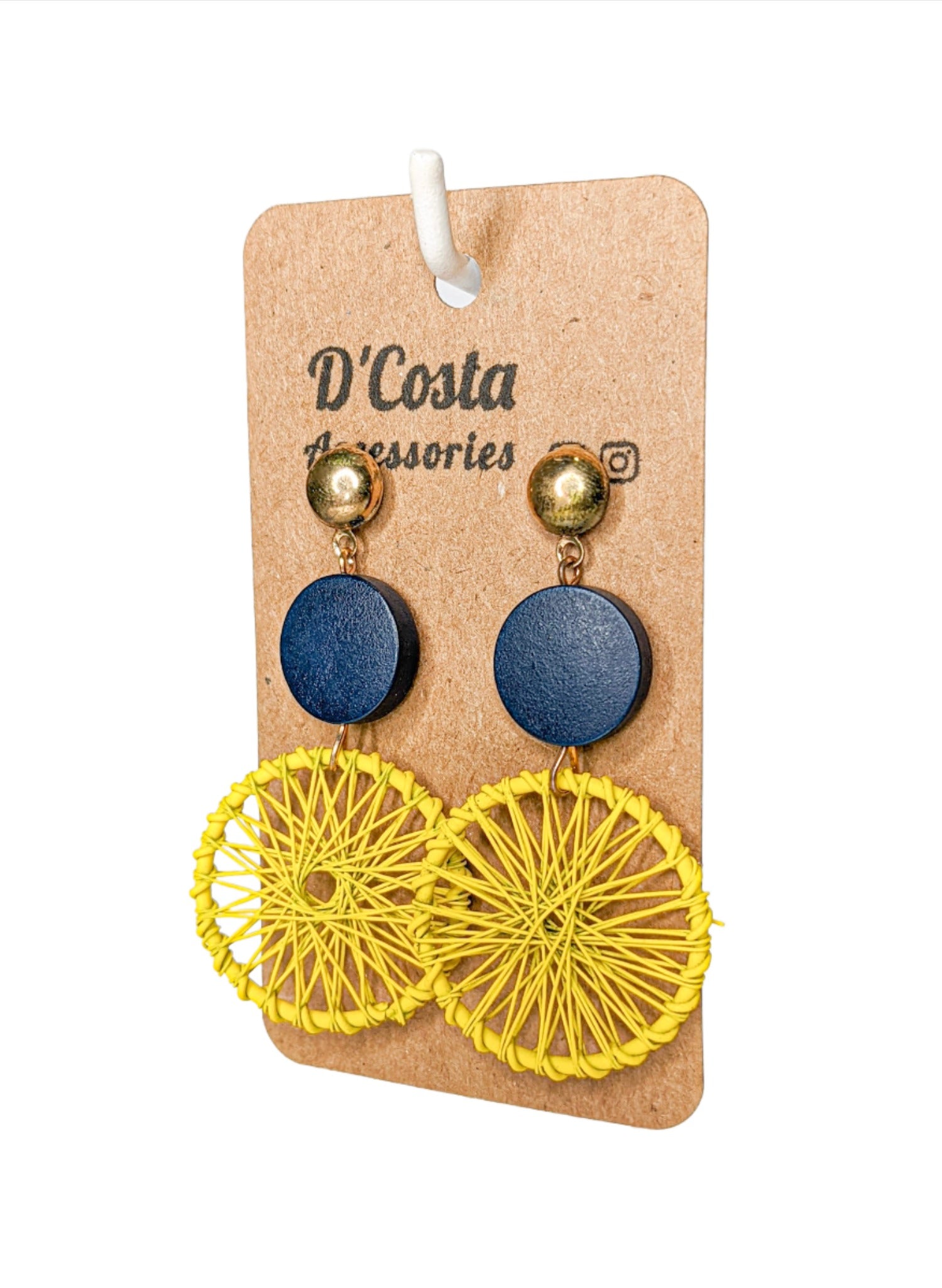 Large blue and yellow woven circle drop earrings.