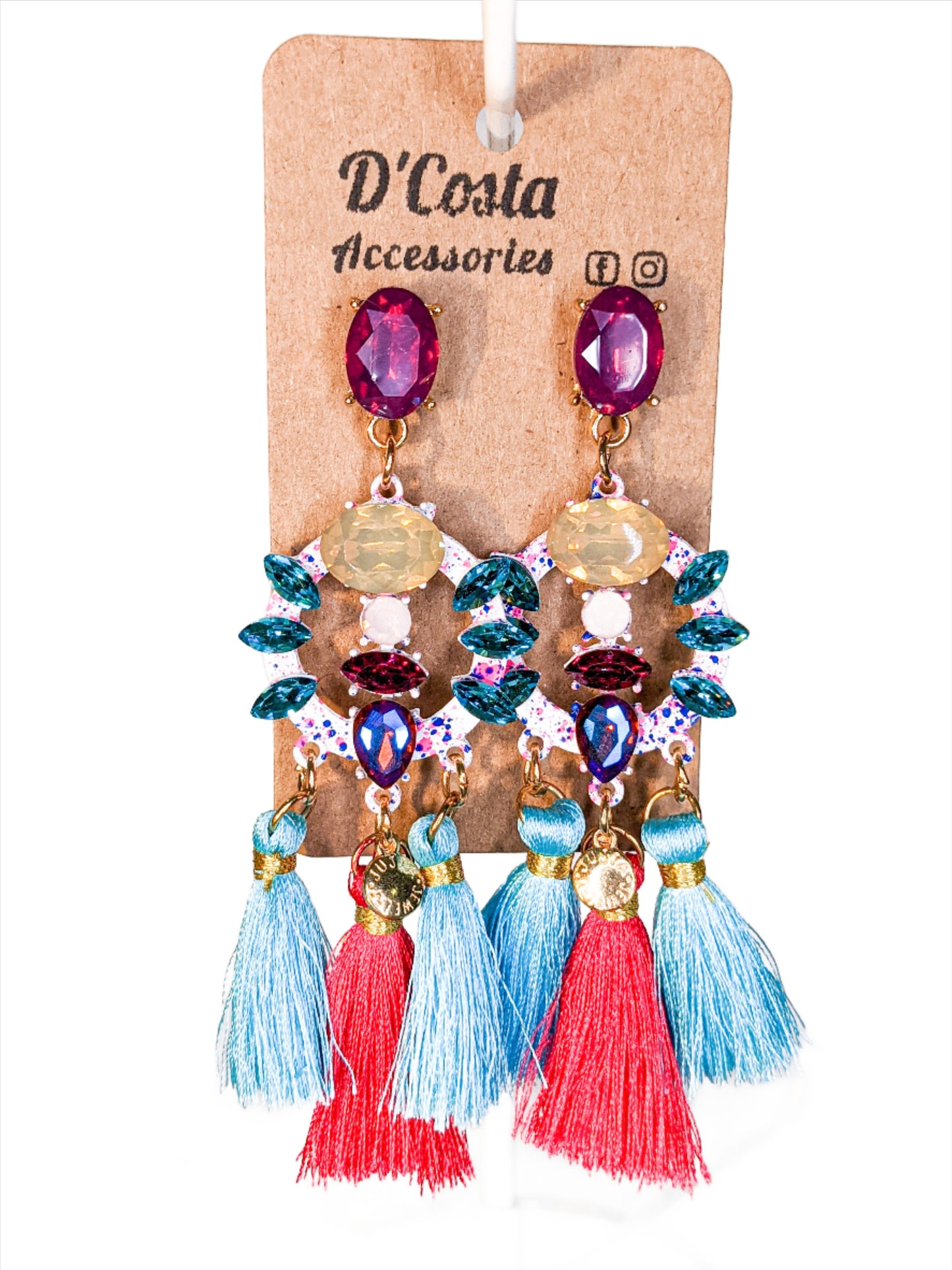 Pink and blue coloured tassel and diamante rhinestone statement drop earrings