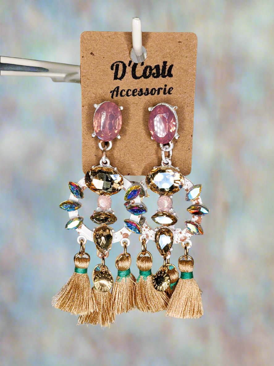 Beige and pink diamante rhinestone tassel statement drop earrings with gold tones