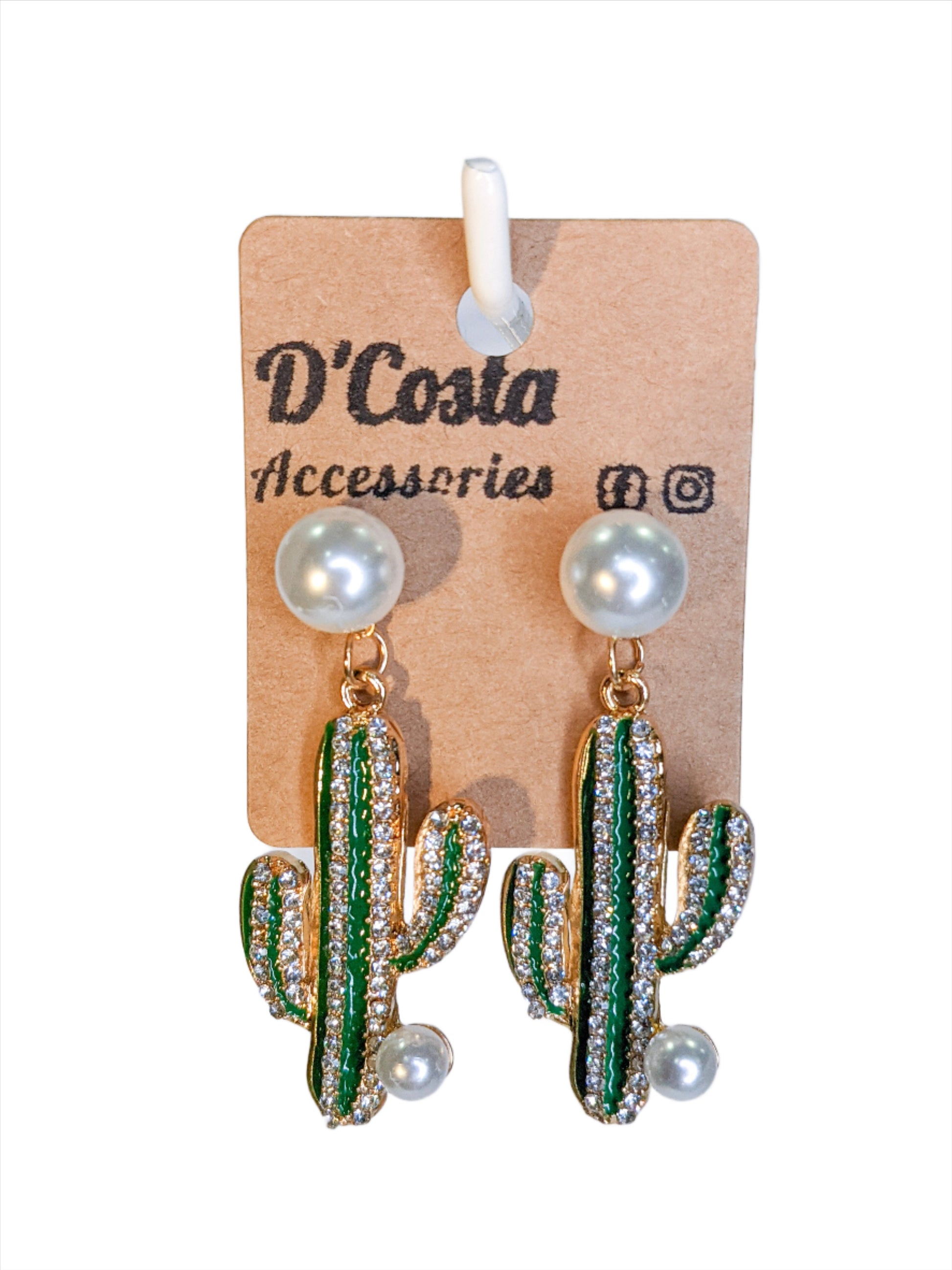 Embellished green cactus earrings with rhinestones and large pearls with gold tones