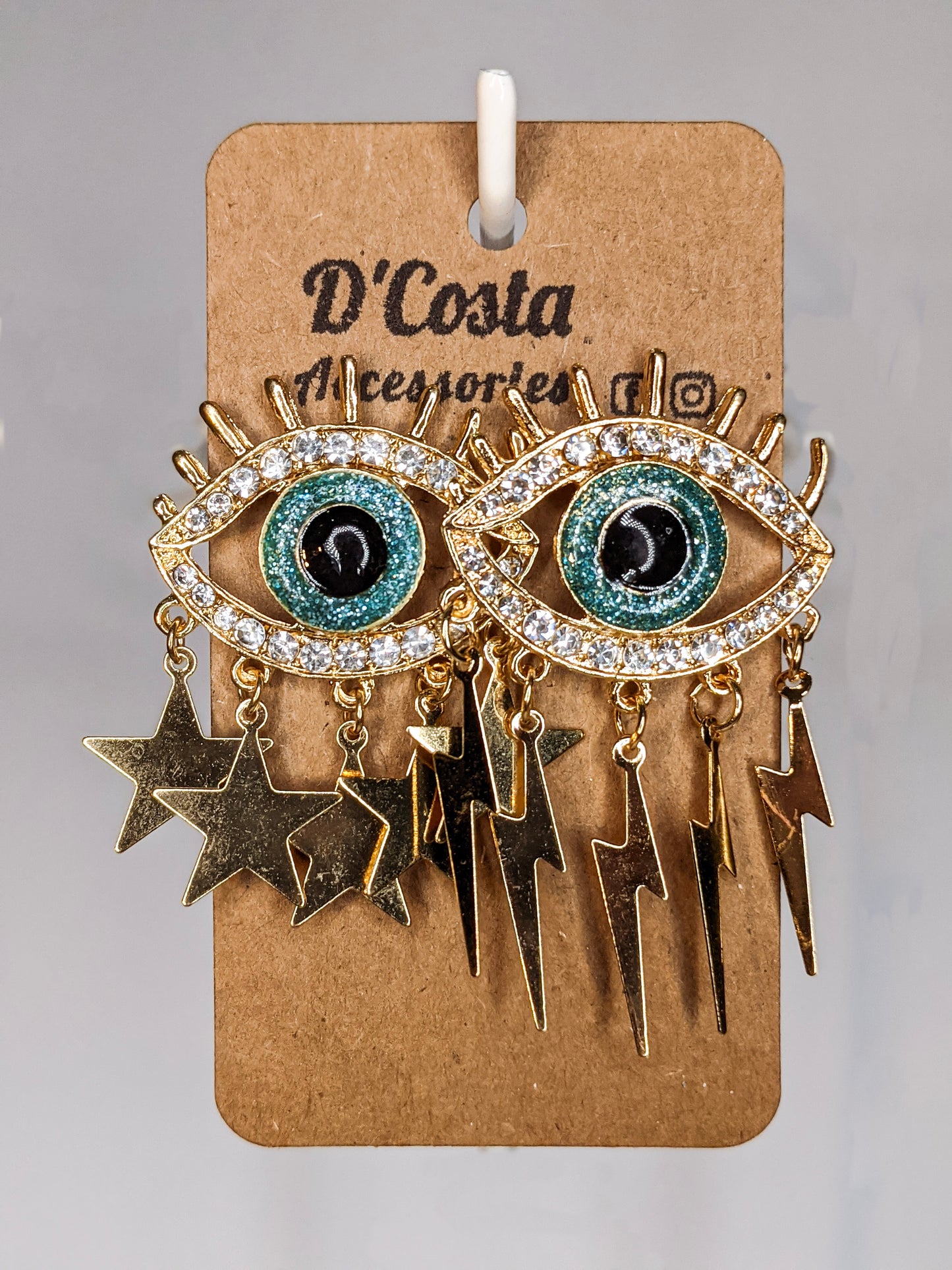 Asymmetrical evil eye devil's eye Korean style diamante rhinestone gold coloured party earrings