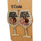 Large red wine glass earrings with gold tones and encrusted with diamantes. 