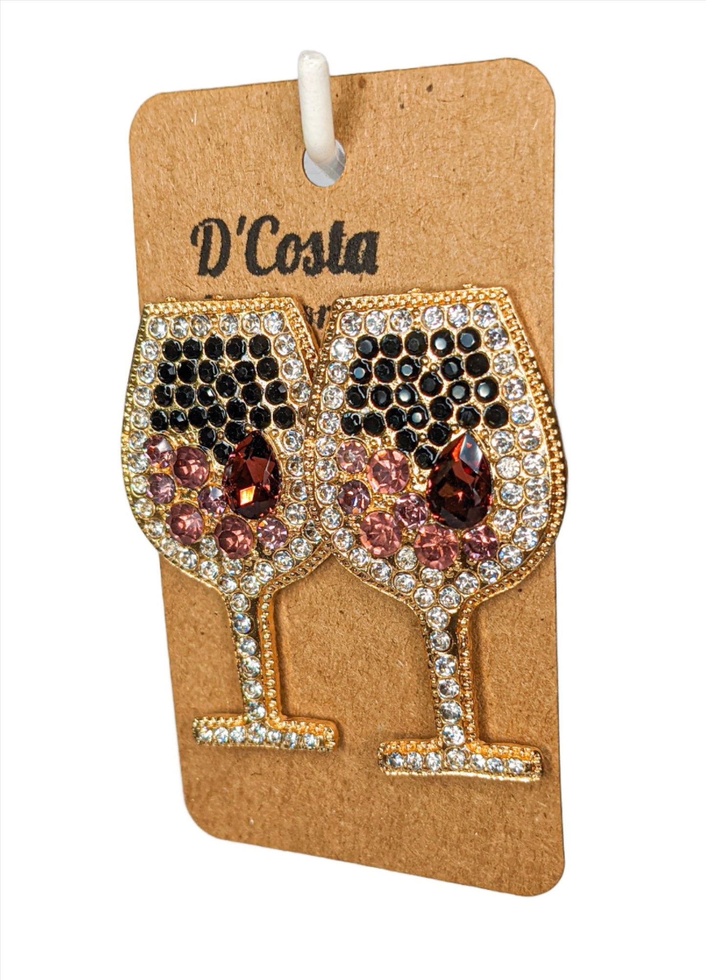 Large red wine glass earrings with gold tones and encrusted with diamantes. 