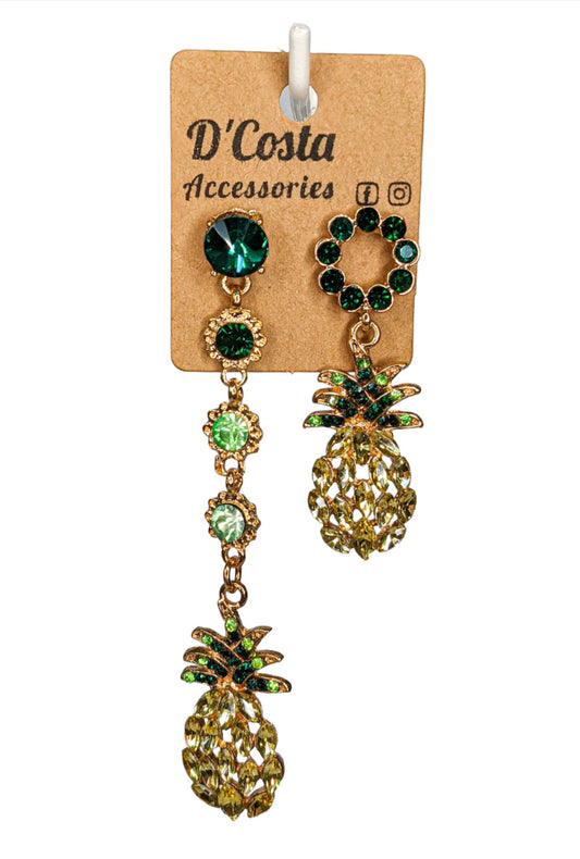 asymmetrical diamante rhinestone pineapple fruit earrings . Party gold coloured summer earrings