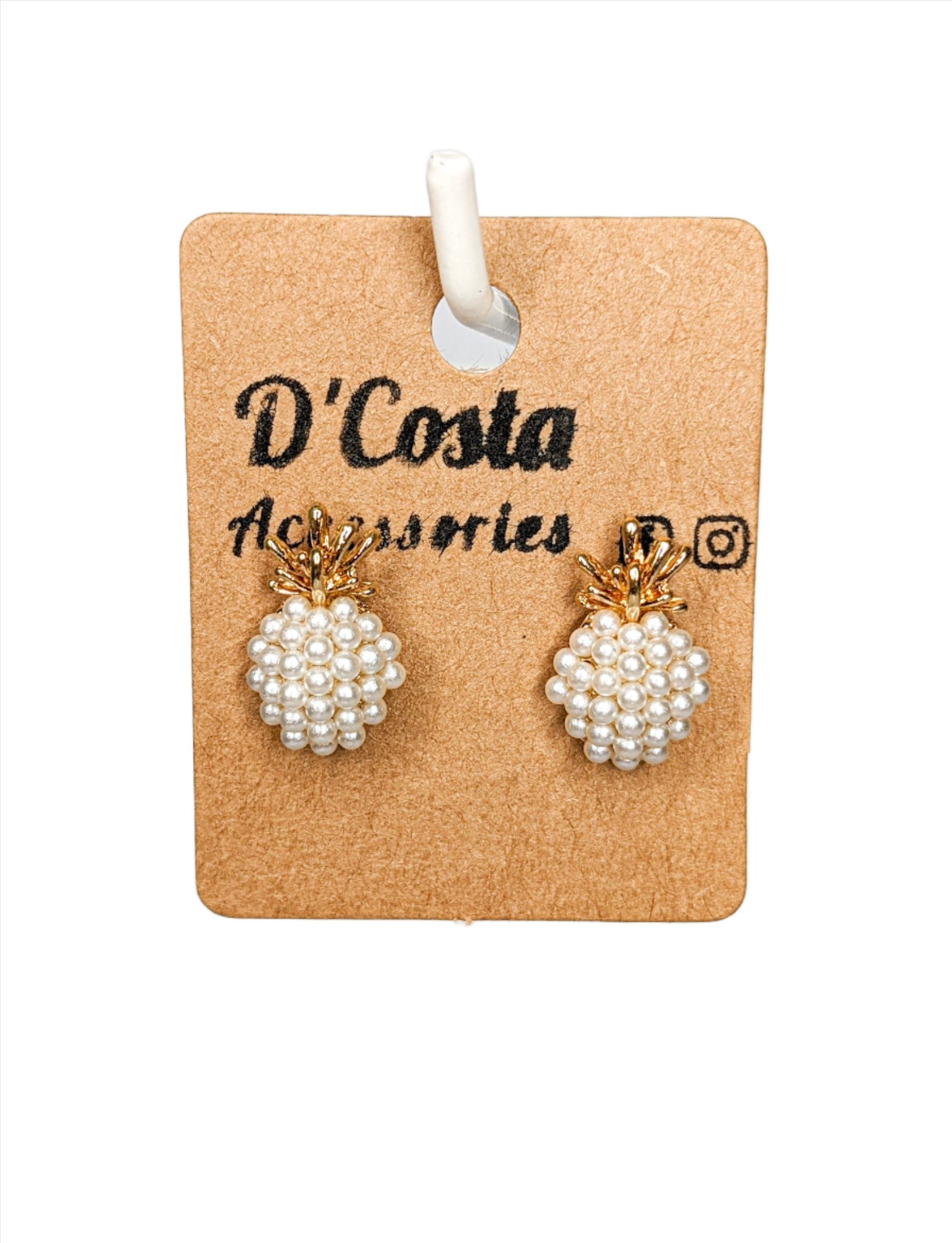 Small pineapple stud earrings, featuring small pearls and gold tones