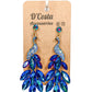 Large royal blue statement peacock earrings, encrusted with royal blue diamante tails and set in a gold tone peacock body.