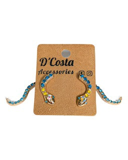 Korean style split snake earring with encrusted in blue and yellow diamantes and set in a golden toned snake