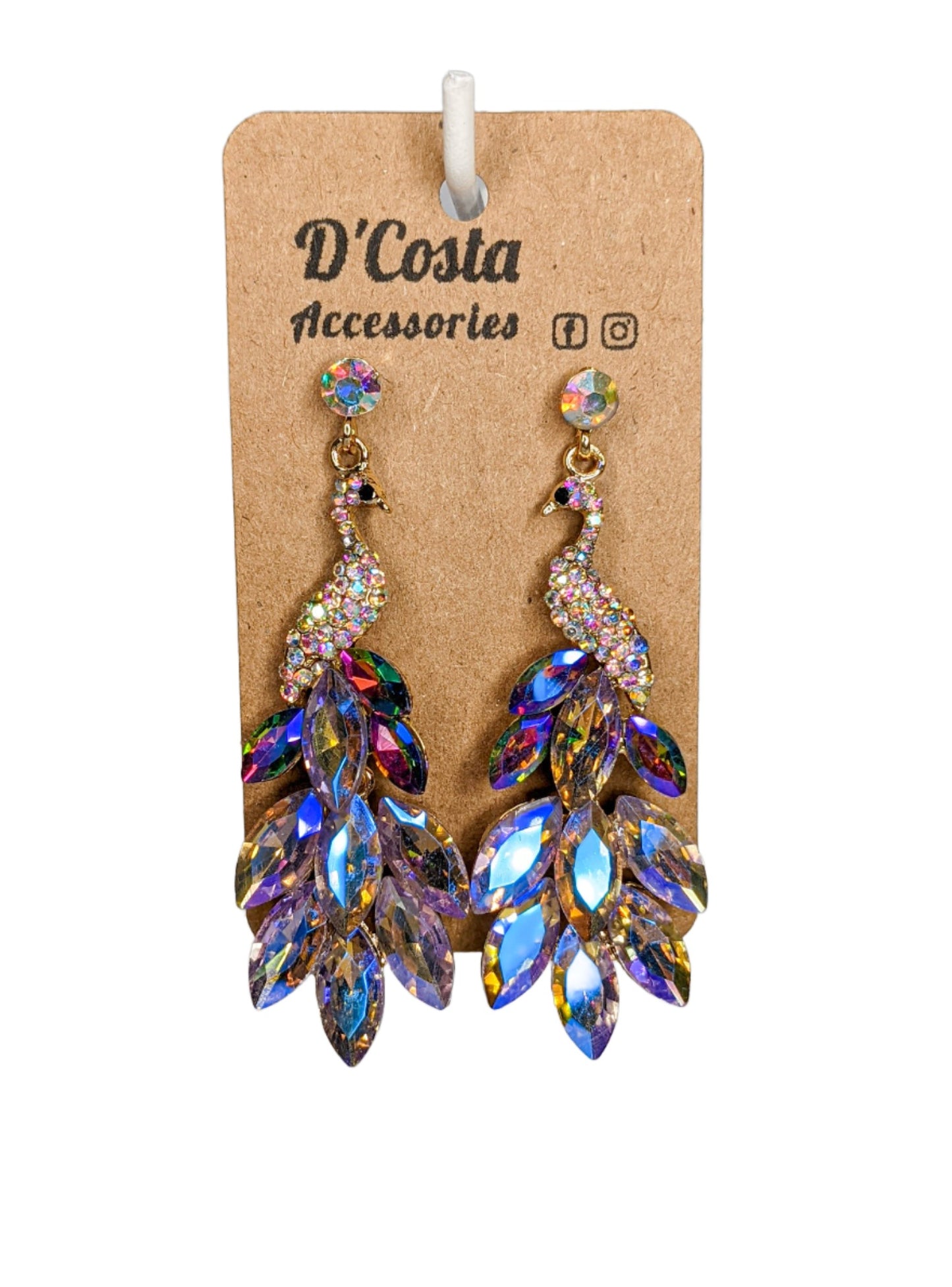 Mutli-coloured diamante rhinestone peacock bird statement earrings 