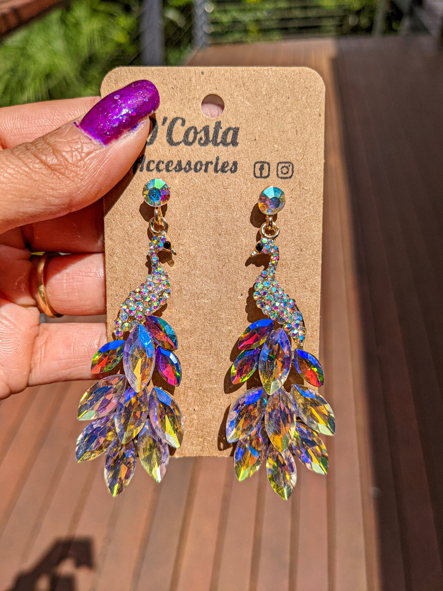 Mutli-coloured diamante rhinestone peacock bird statement earrings 