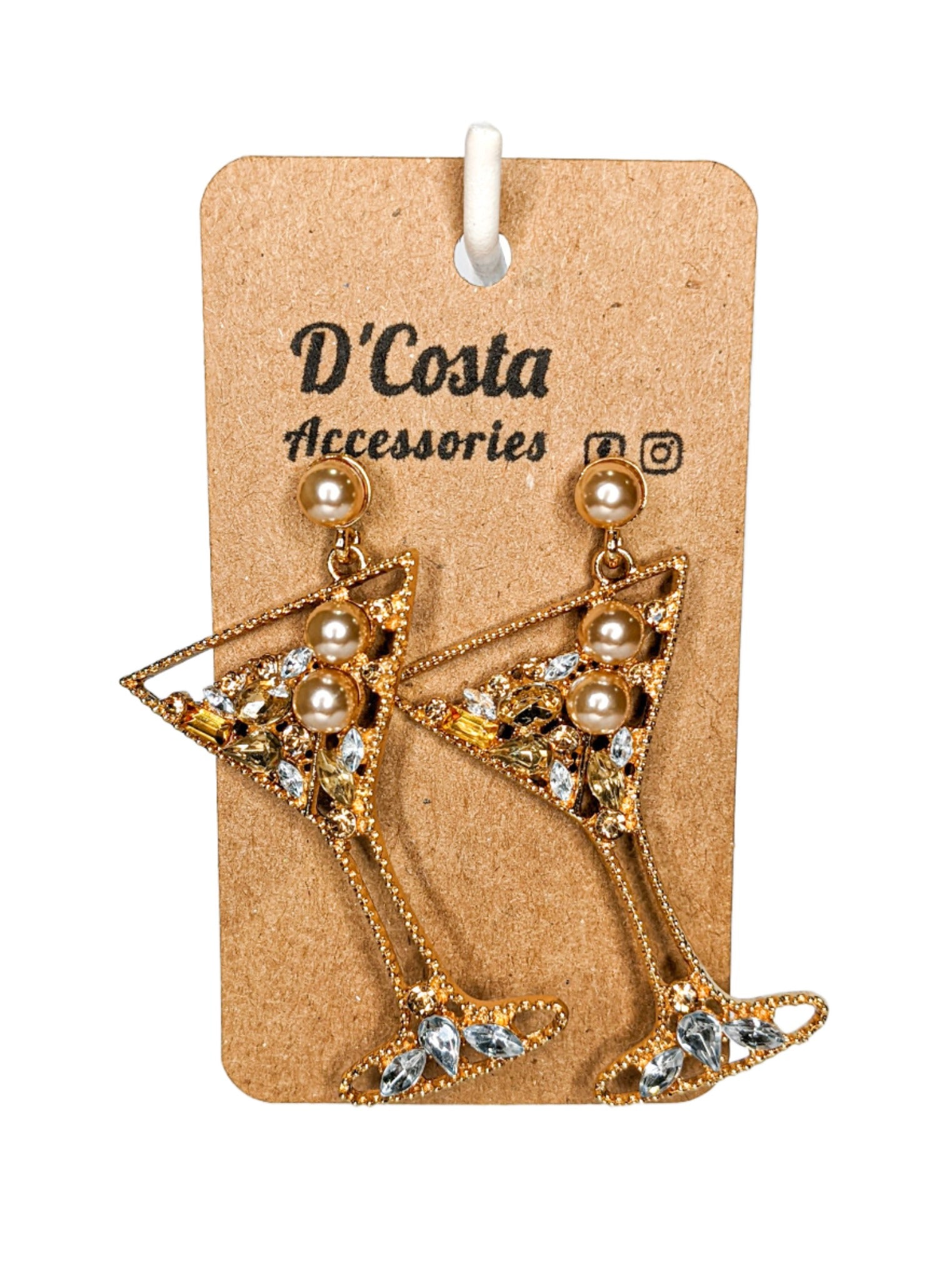 Statement martini earrings with golden tones, diamantes and golden pearls